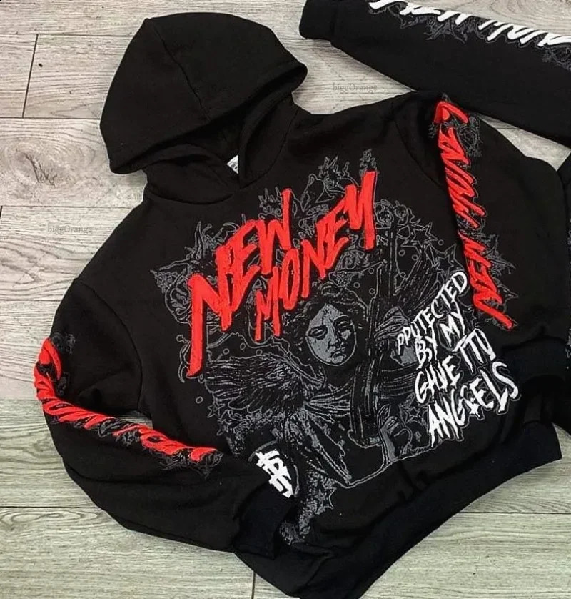 2024 Hoodie American Retro Dark Print Womens Fashion Harajuku Casual Loose Mens Gothic Style Oversized Black Angel Pullover 240919