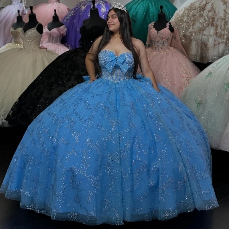 Sky Blue Shiny Ball Gown Quinceanera Dresses Sequin Appliques Lace Beads Bow Tull Lace Up Corset Vestidos 15 De XV Anos Sweet 16 Dress