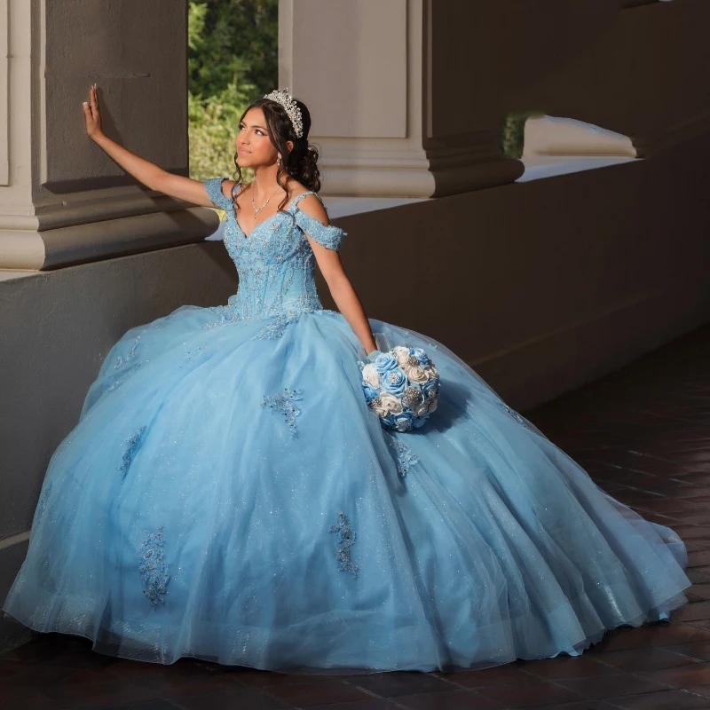 Luxury Sky Blue Quinceanera Dresses Off The Shoulder Lace Appliqued Crystal Tull Ball Gown Vestidos 15 De Anos Sweet 16 Dress