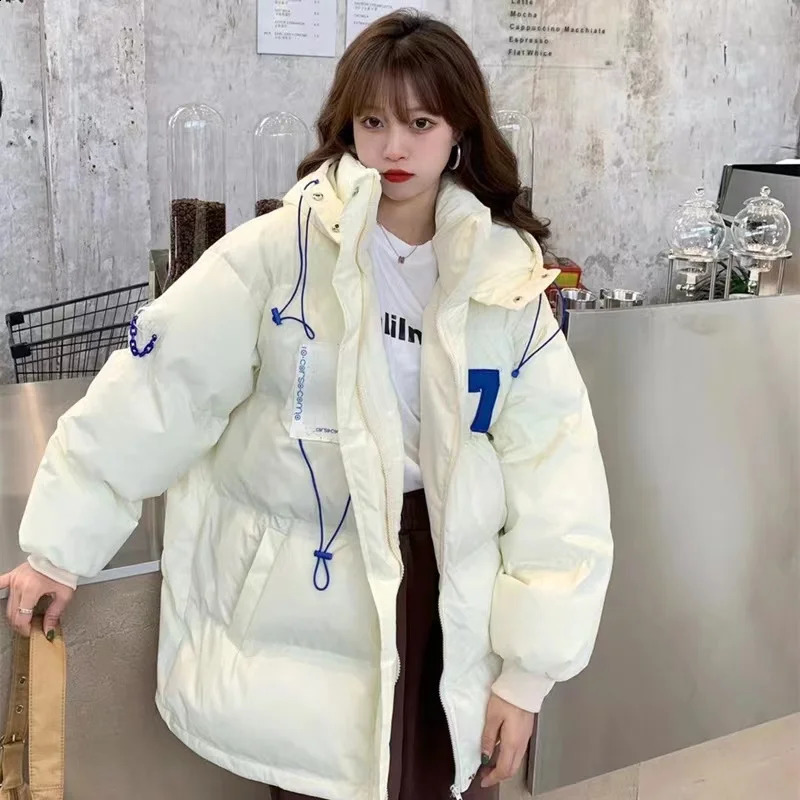 Womens white down jacket warm black hooded zipper winter Korean fashion casual windproof inflatable pad jacket top 240926