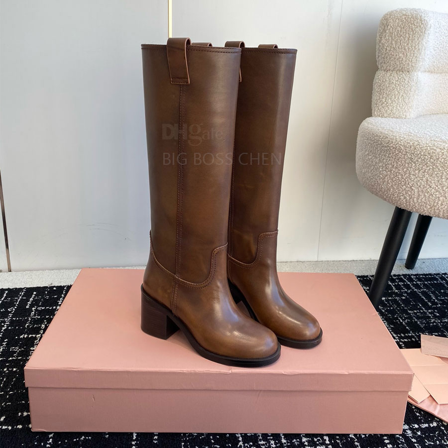 High Top quality Brown black Chunky heel Knee boots Fashion Knight Boots High heels long boots Leather slip on Luxury designer tall boots for womens