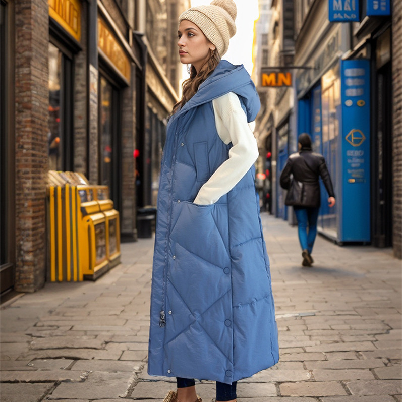Puffer Vest Down Cotton Vest Womens Mid Length Autumn and Winter New Version Long Thick Vest Jacket Trendy Over the Knee Vest