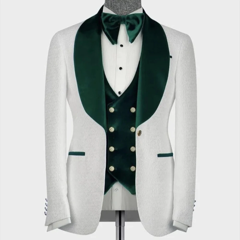 Floral Pattern Men Suits For Wedding With Green Velvet Shawl Lapel Groom Tuxedo 3 Pcs Slim Fit Blazer (Jacket+Pants + Vest) 2024