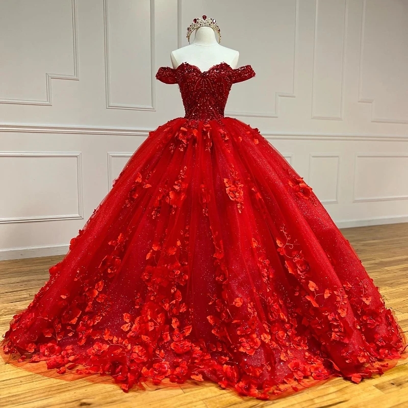 Red Ball Gown Quinceanera Dresses Off Shoulder Princess Dress 3D Flowers Beads Tull Puff Sweet 16 Dress vestidos para 15 Anos