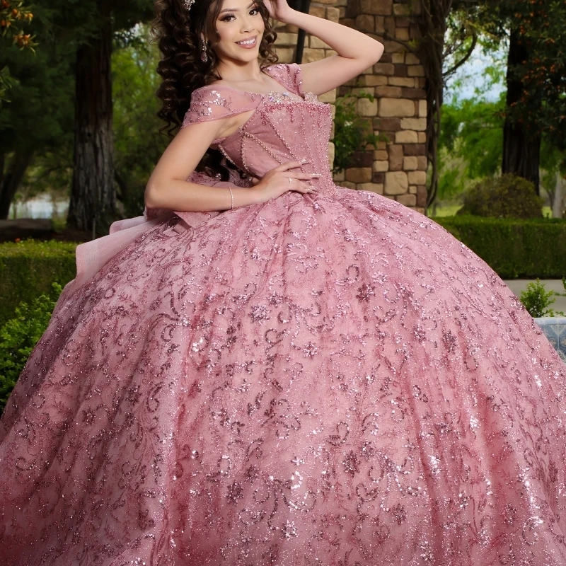 Pink Shiny Ball Gown Quinceanera Dresses Off The Shoulder Sequin Applique Lace Crystal Bead Tull Birthday Party Sweet 16 Dress Vestidos De 15 Anos