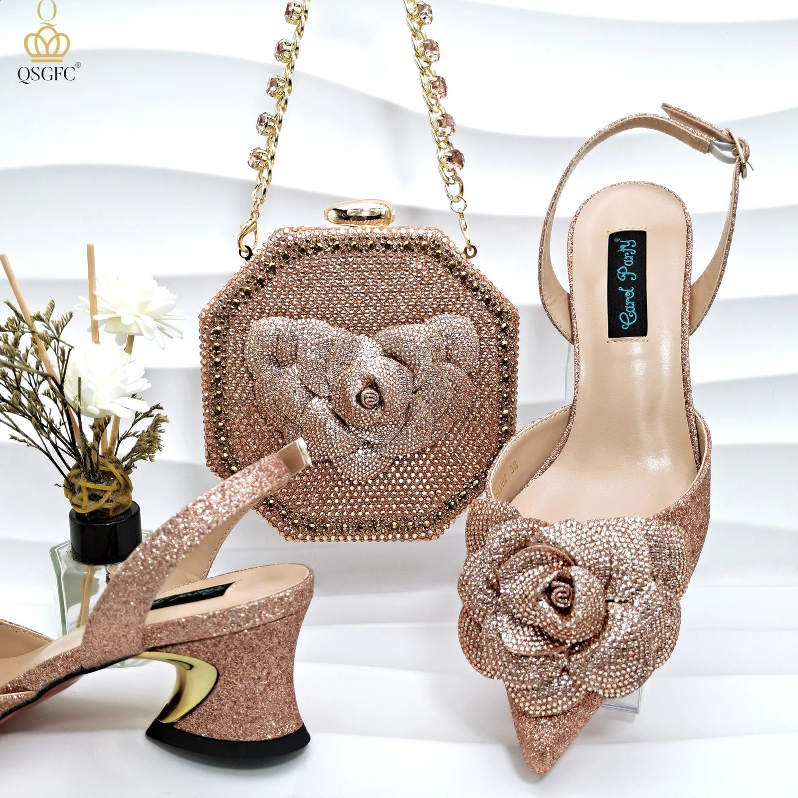 QSGFC evening shoe and bag set with all diamond handmade petal clutch toe midsole womens shoes 241015