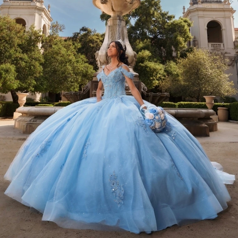 Luxury Sky Blue Quinceanera Dresses Off The Shoulder Lace Appliqued Crystal Tull Ball Gown Vestidos 15 De Anos Sweet 16 Dress