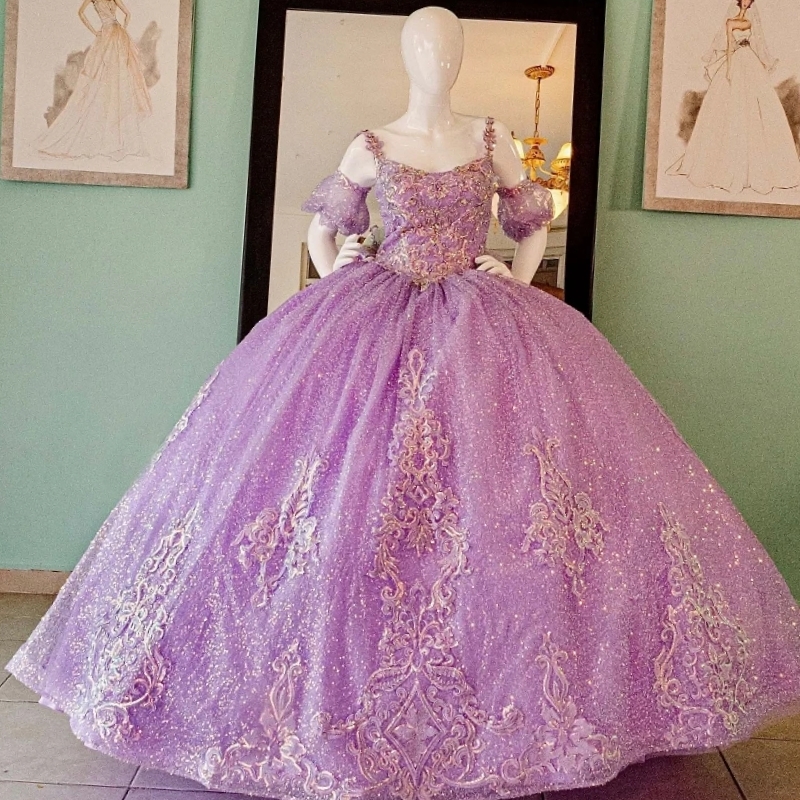 Lavender Shiny Quinceanera Dresses Luxury Applique Lace Beading Bow Ball Gown Princess Prom Party Sweet 16 Vestidos De 15 Anos