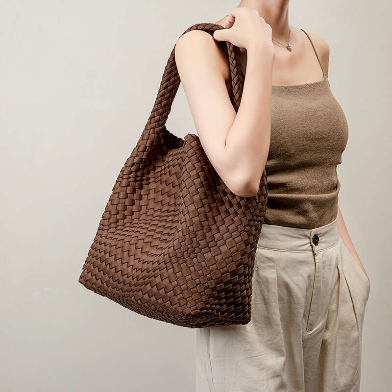 Leather - Neoprene Woven Underarm Large Capacity Shoulder Bag, Hand-Woven Basket Design, Commuter Classic Handbag