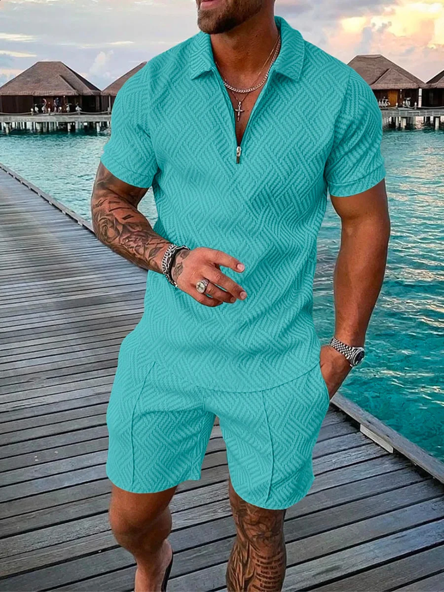 Summer fashion mens 3D printed solid color polo shirt and shorts 2-piece zipper tracking suit set oversized T-shirt set 240929