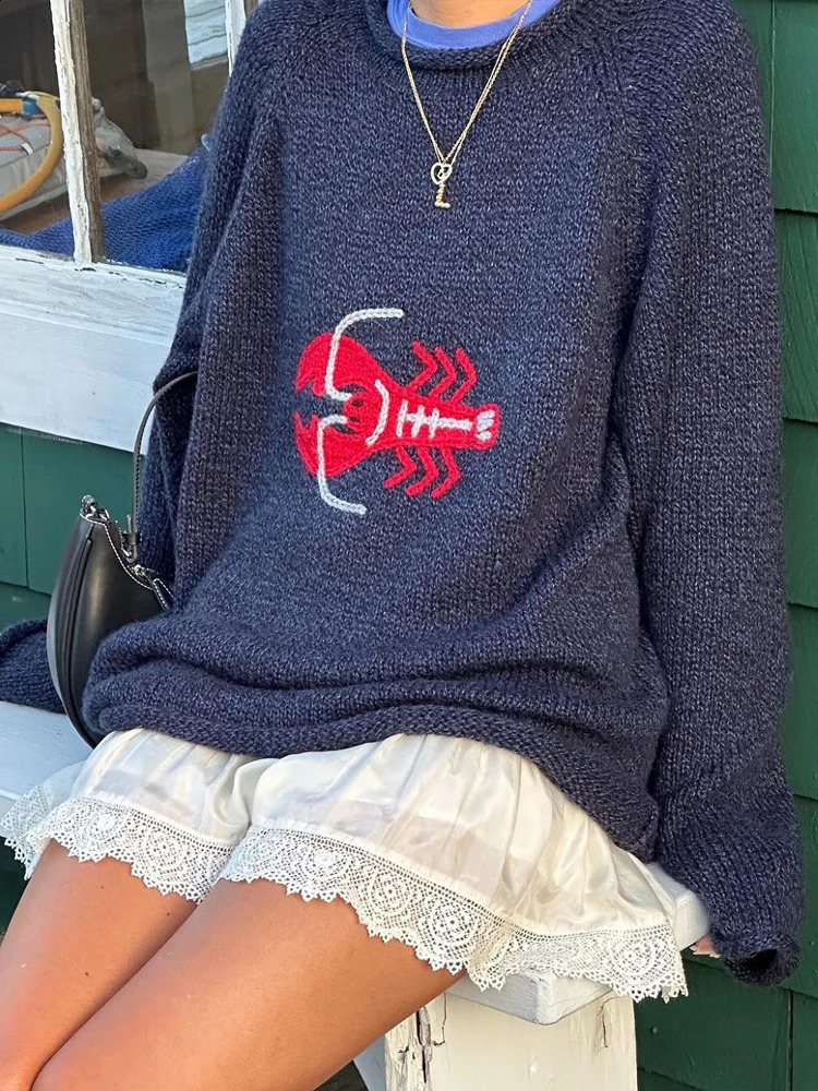 Men and womens Gothic cartoon lobster knitted sweater Harajuku pullover oversized cotton sweater hip-hop street outfit autumn 240918