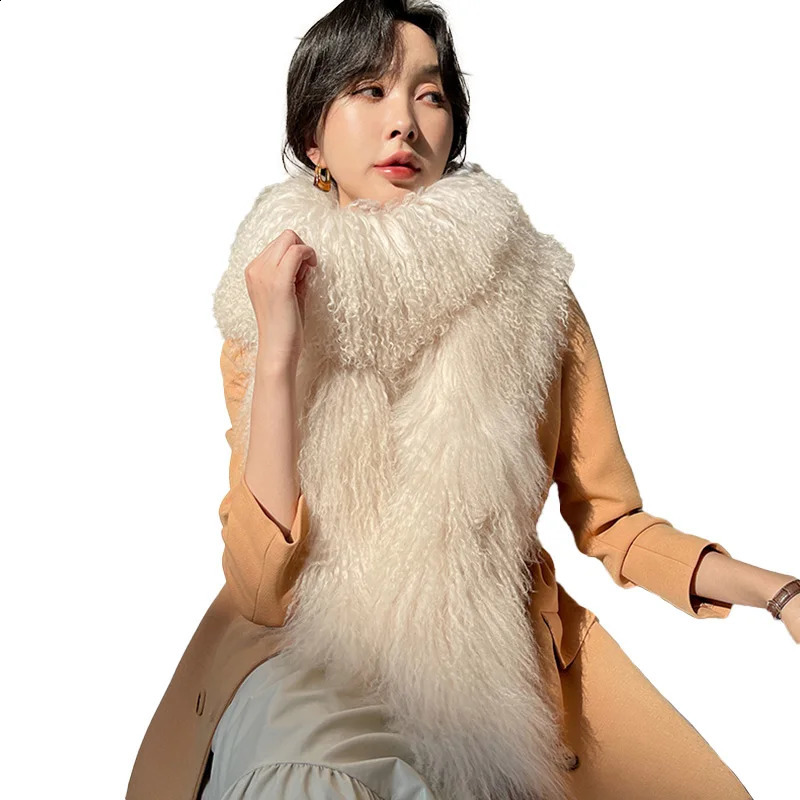 Mongolian Sheepskin Scarf Womens Winter Thick Warm True Wool Shawl Natural Fur Muffler Snood TZ8642 240918
