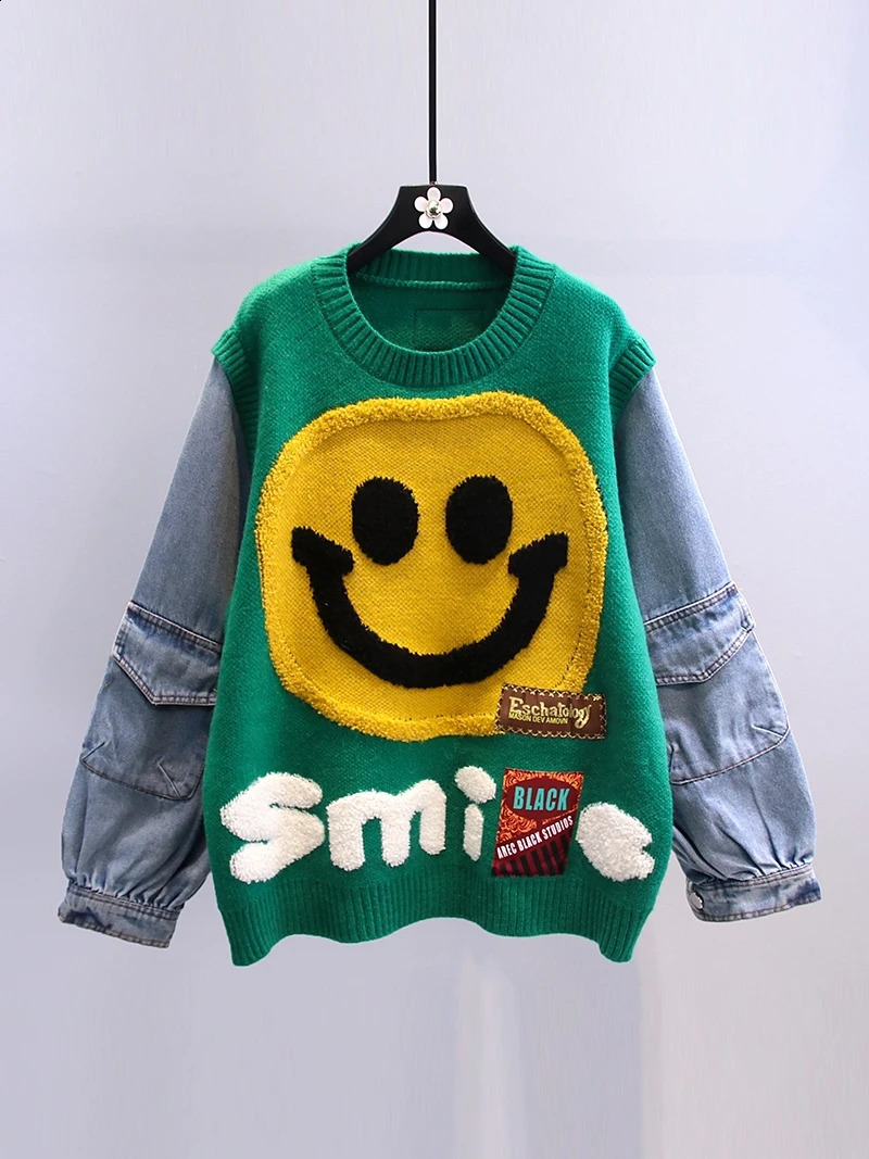 Smiling Face Loose Sweater Top Denim Sleeve Round Neck Pullover Jumpers Winter Fashion Streetwear Stylish Chic Knitwear 240921