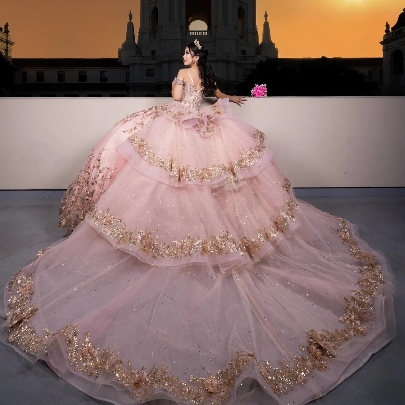Quinceanera Pink Dresses Ball Gown Off The Shoulder Sequins Applique Lace Beaded Crystals Tull Mexico Sweet Dress Vestidos Anos D