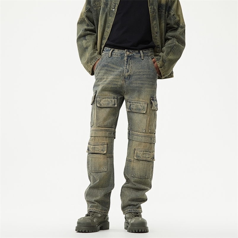 American retro trend loose straight mens jeans autumn and winter personalized workwear multi pocket mens pants 240929