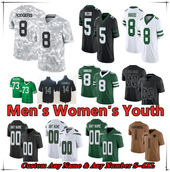 Aaron Rodgers Jerseys Football Breece Hall Braelon Allen Garrett Wilson Allen Lazard Tyler Conklin Quincy Williams Will McDonald IV Sauce Gardner Joe Namath Adams