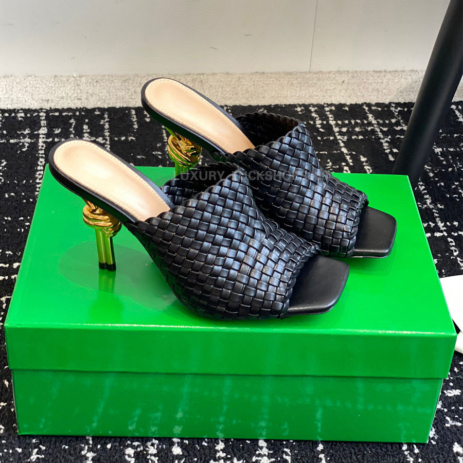 Top quality Golden red High-heels mules shoe Knitted Woven slippers sandas for womens slip on open toes Luxury designer heels Office Evening party shoes