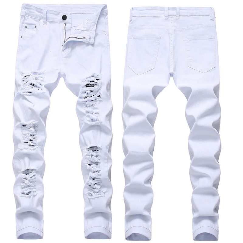 Hole Denim Pants Men's Tide Brand Ruined Hole Jeans Solid Slim All-match High Street Hip Hop Trousers Red White Large