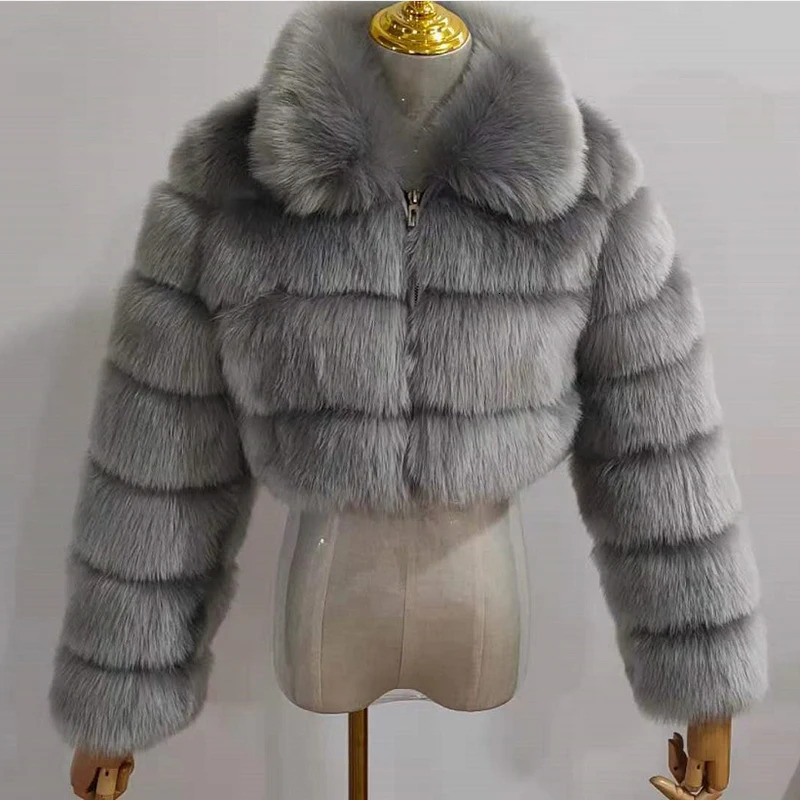 Cropped Faux Fur Women Coats Zipper Streetwear Casual Turn-Down Collar Long Sleeve Coat Autumn Winter Warm Fashion Jacket
