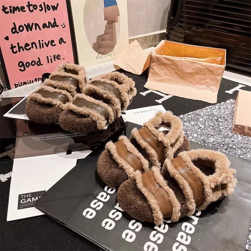 Small Niche Fairy Style Lamb Fur Thick Soled Single E Sandals, Flip Ps, Boken Shoes, Women's Shoes