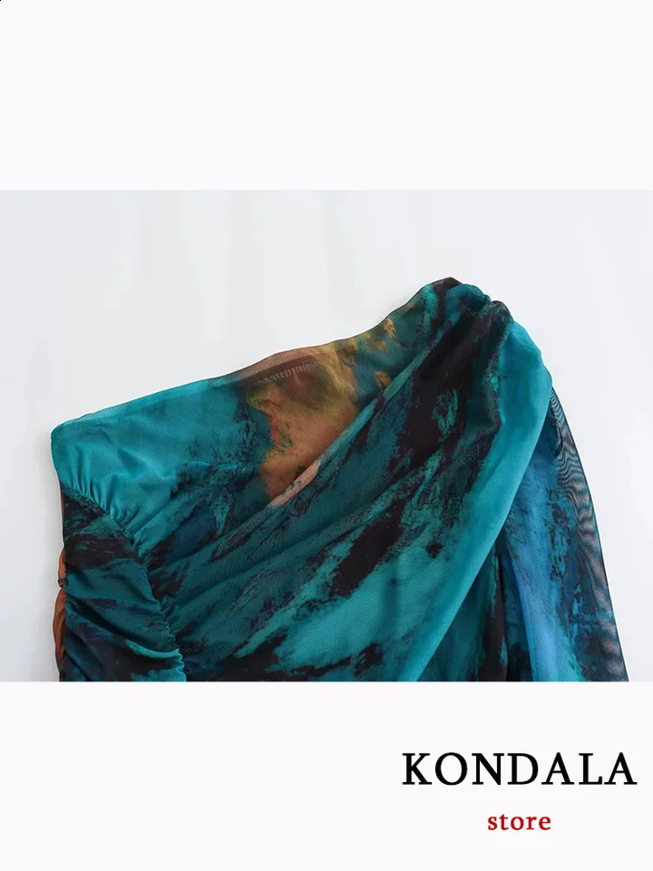 KONDALA Vintage Chiffon Tie Dye Print Women Suit OneShoulder Pleated Top Loose Long Straight Skirt Fashion 2024 Autumn Boho Set 240927