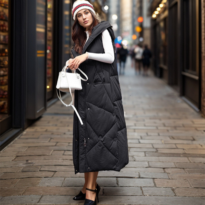 Puffer Vest Down Cotton Vest Womens Mid Length Autumn and Winter New Version Long Thick Vest Jacket Trendy Over the Knee Vest