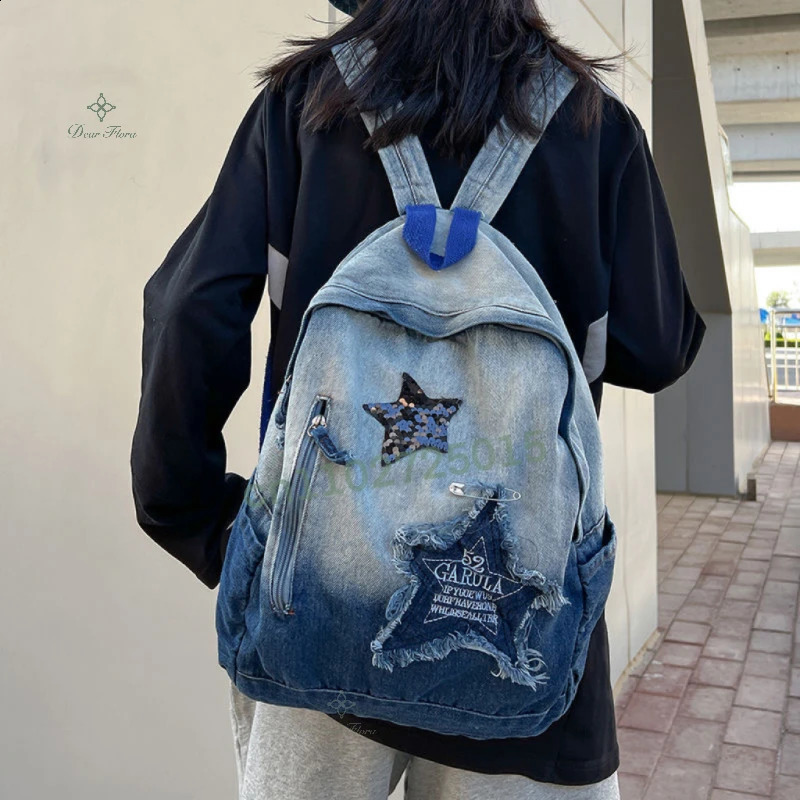 2025 NEW Y2K Korean Casual Denim Backpack Fashion Star Pattern Large Capacity Student Schoolbag Vintage Punk Travel Book Bag 240921 zhanyishengli