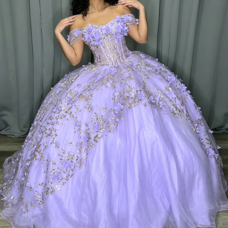 Lilac Sparkling Quinceanera Dresses Off The Shoulder Sequin Gold Appliques Lace Beading Ball Gown Birthday Formal Party Swee 16 Dress