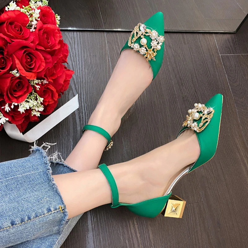 ZOKI Fashion Pearl Buckle Square High Heels Pump Womens Pointed Toe Bling Crystal Party Shoes Womens Elegant Med Heels Bridal Shoes 241223