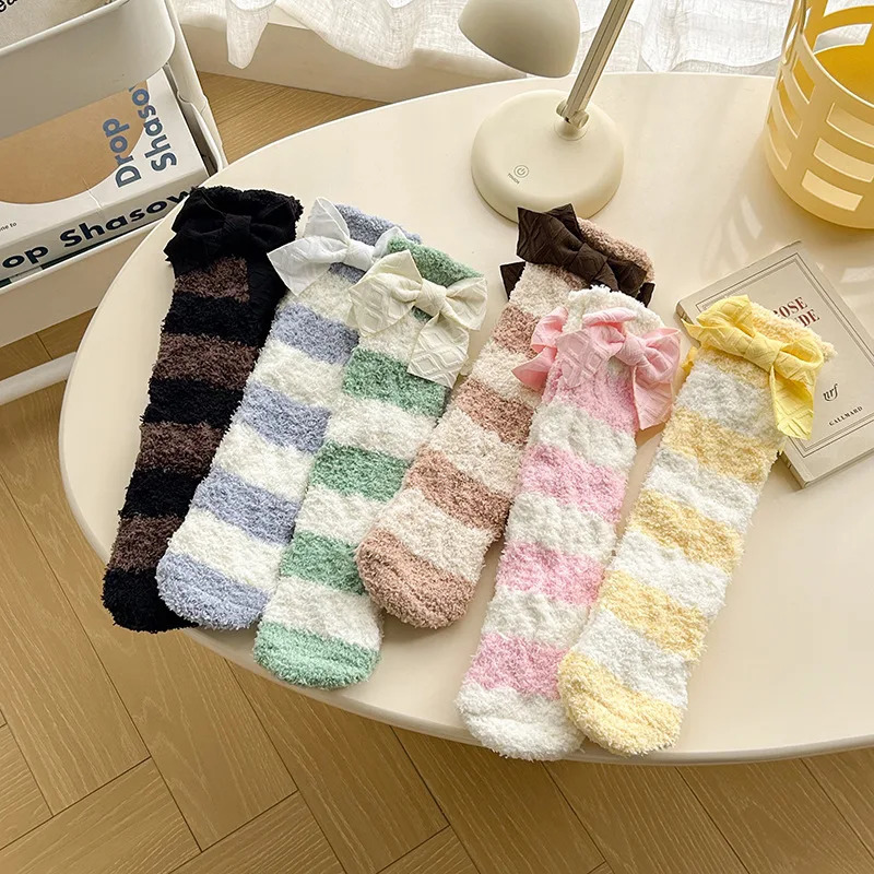 Womens Striped Cute Bow Coral Velvet Middle Tube Winter Warm Sweet Home Sleeping Soft Socks Korean Kawai Girl Style 240927