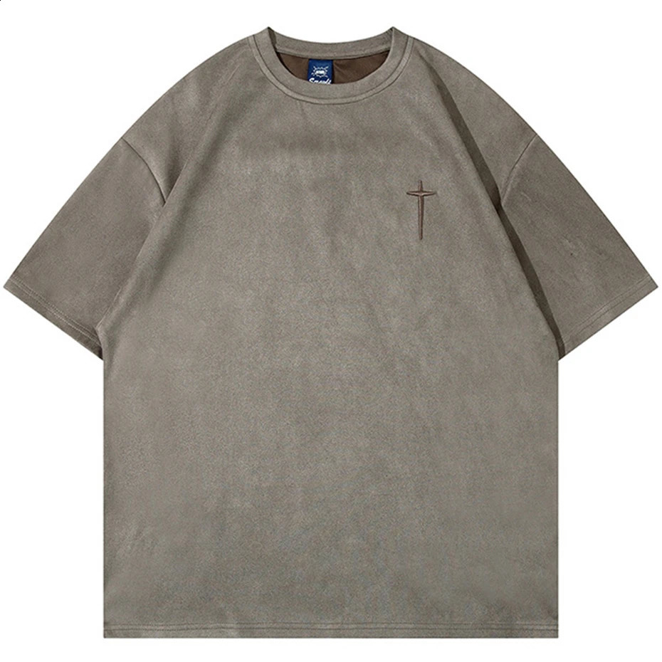 Hip Hop Suede T Shirts Letter Embroidery Oversized Harajuku Streetwear Tshirts Men Summer Loose Casual Tee Shirt Tops 240929