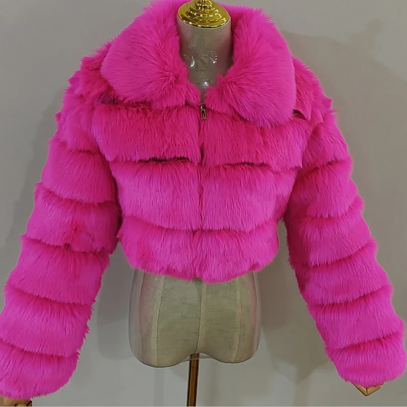 Cropped Faux Fur Women Coats Zipper Streetwear Casual Turn-Down Collar Long Sleeve Coat Autumn Winter Warm Fashion Jacket