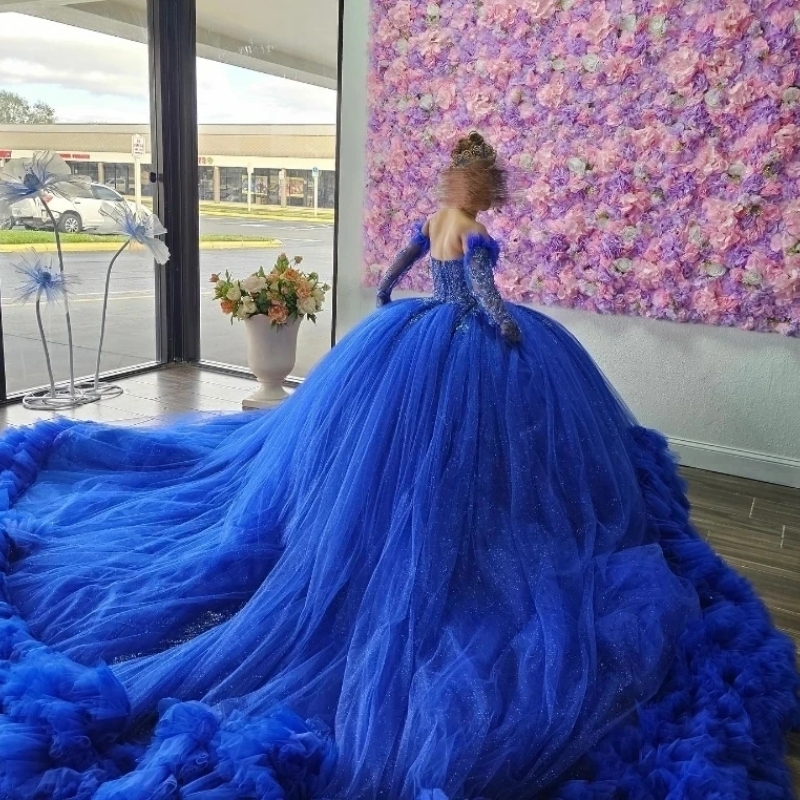 Royal Blue Sweetheart Luxury Long Sleeved Quinceanera Dresses Lace Beads Tull Tiered Ball Gown Charro Mexican Dress Vestidos De 15 Anos