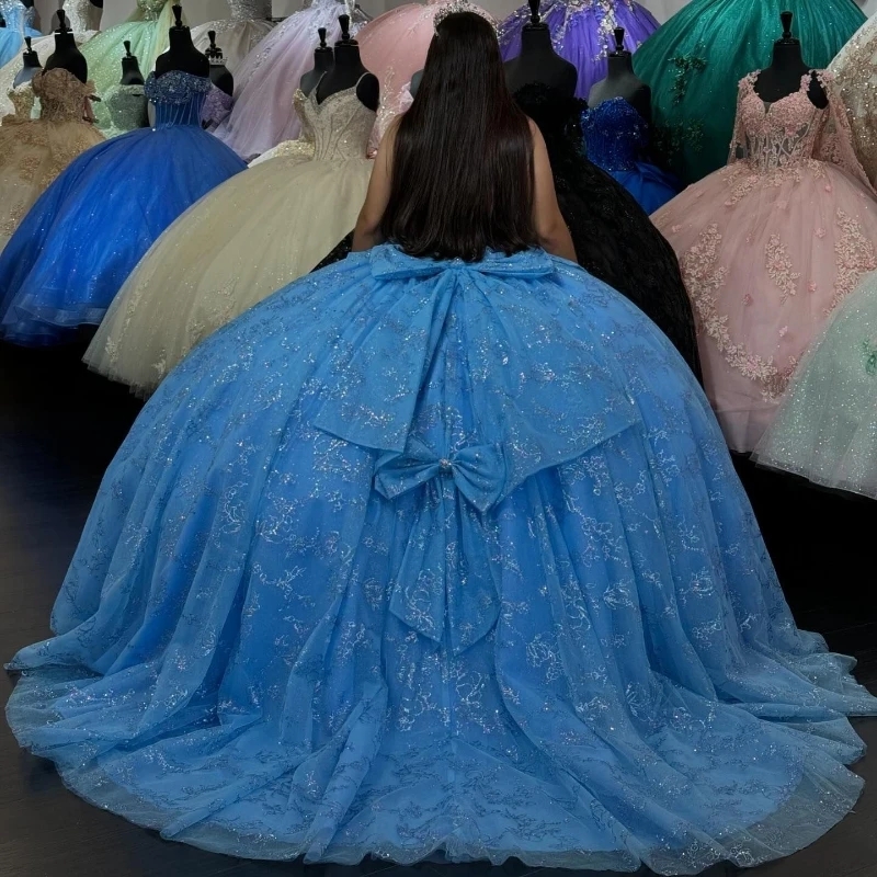 Sky Blue Shiny Ball Gown Quinceanera Dresses Sequin Appliques Lace Beads Bow Tull Lace Up Corset Vestidos 15 De XV Anos Sweet 16 Dress