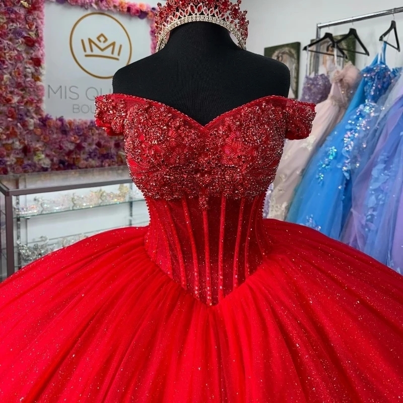 Red Shiny Princess Off The Shoulder Quinceanera Dresses Ball Gown Beading Crystal Tull Corset Sweet 16 Dress Vestido 15 De Anos