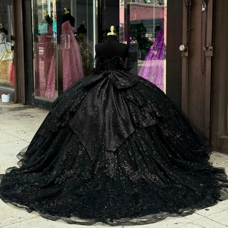 Luxury Black Shiny Quinceanera Dressess Off The Shoulder Ball Gowns Beads Bow Tull Tiered Sweet 16 Dress Vestidos De 15 Anos