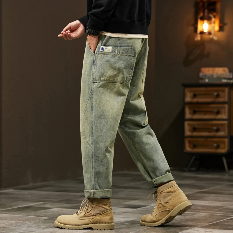 Mens loose fitting retro blue spring wide leg denim jeans mens fashionable side pocket mens pocket pants 240926
