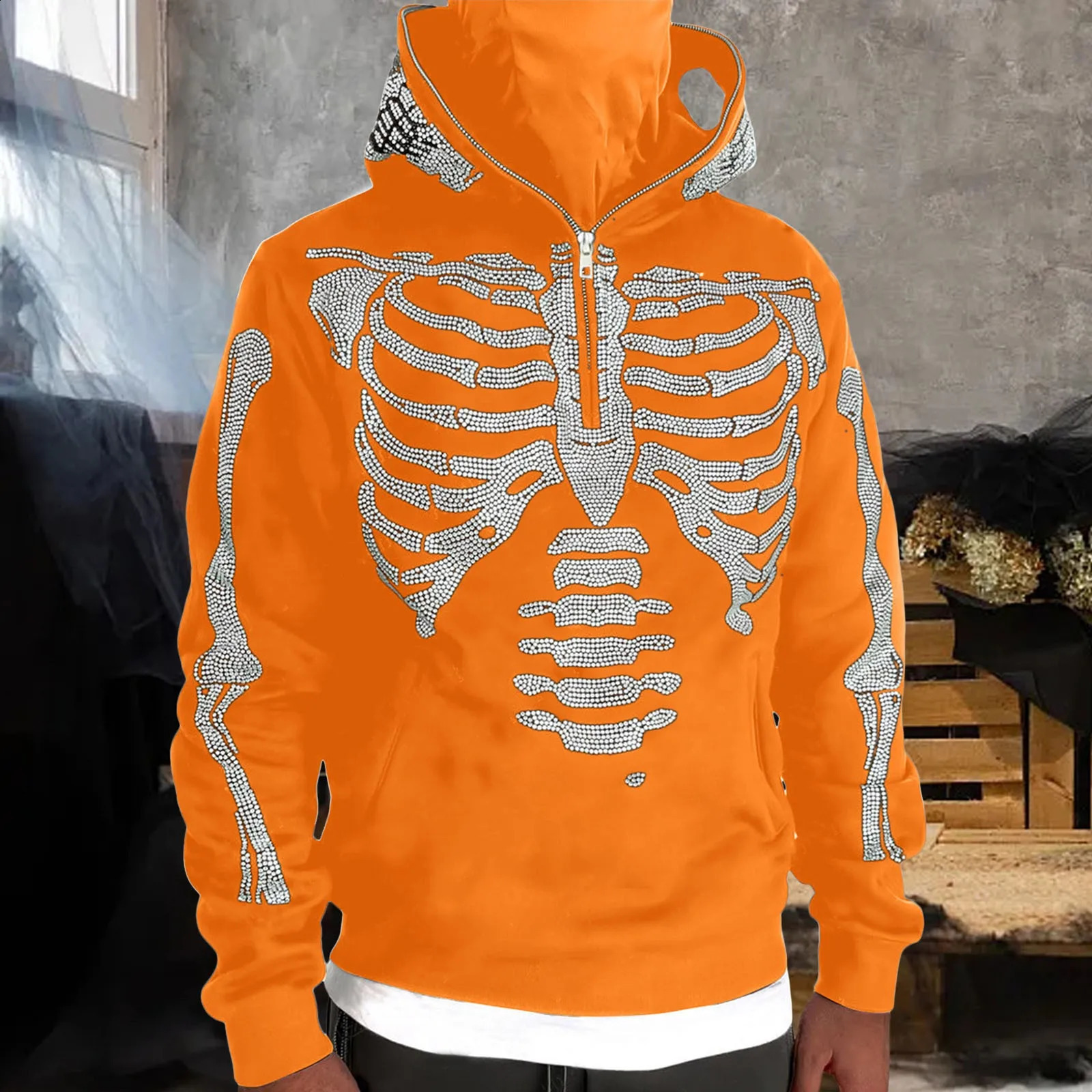 Y2k Rhinestone Skeleton Hoodie US Heavy Fashion Trend Clothing Harajuku Half Zipper Loose Couple Hoodie Roupa Masculina 240929