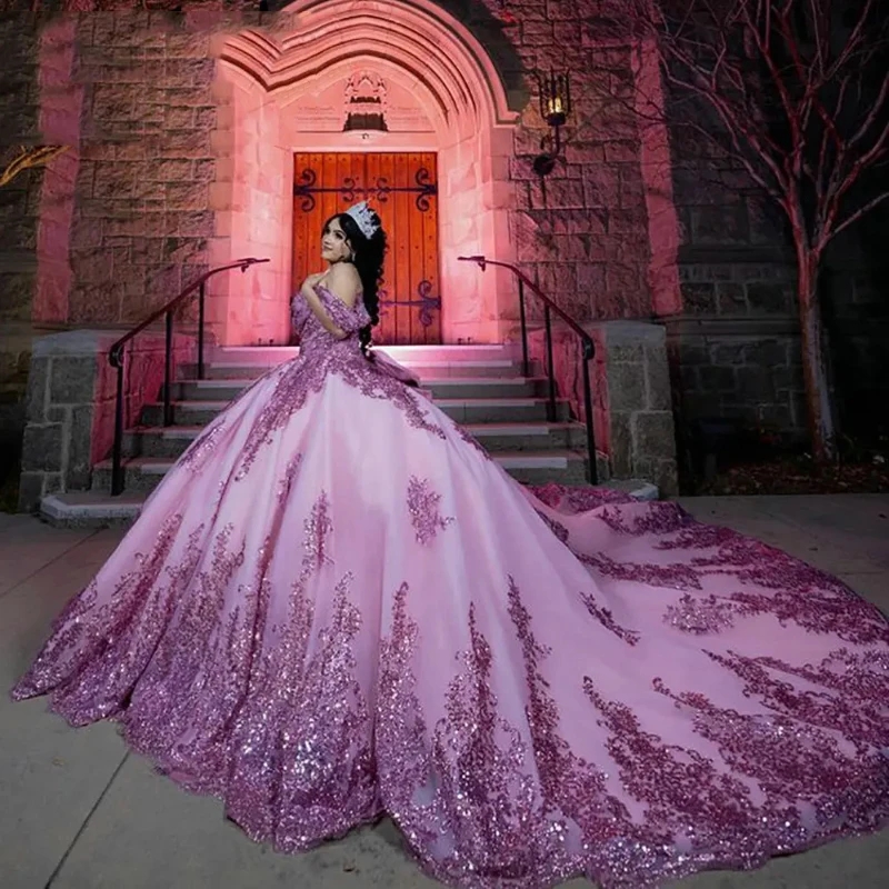 Pink Shiny Off The Shoulder Ball Gown Quinceanera Dresses Sequined Appliques Lace Pleat Bow Tull Corset Sweet 15 Vestidos 15 Anos