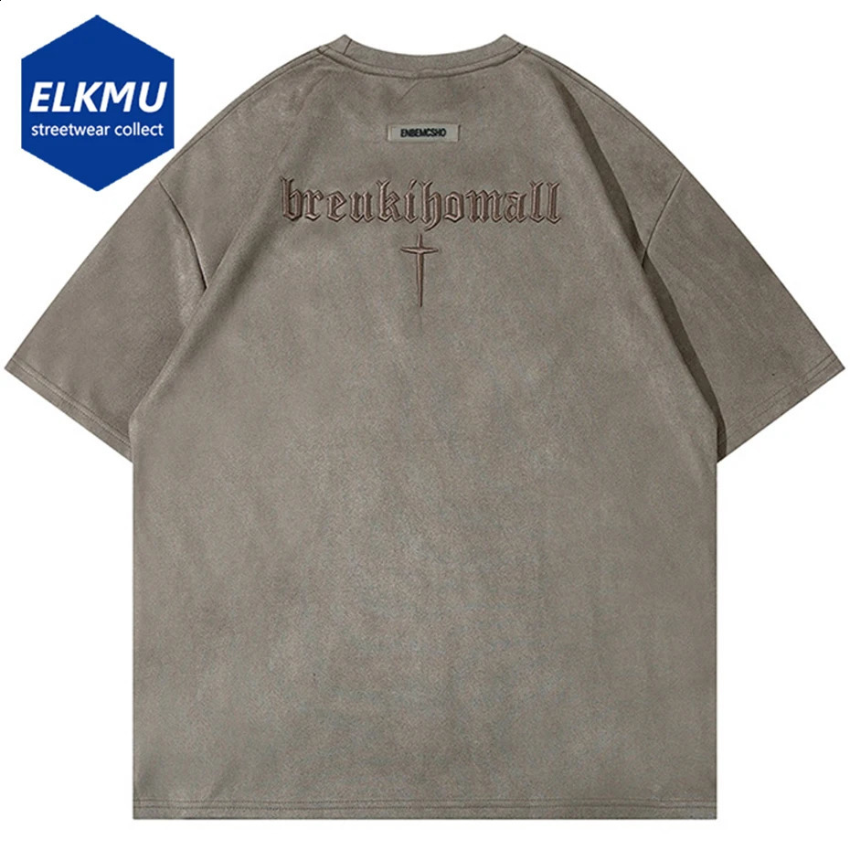 Hip Hop Suede T Shirts Letter Embroidery Oversized Harajuku Streetwear Tshirts Men Summer Loose Casual Tee Shirt Tops 240929