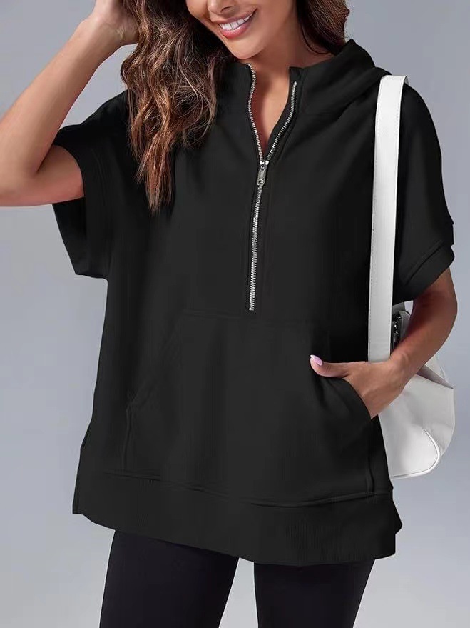 A576 Women Loose Top Solid Color Casual Short Sleeve Hooded Sweater Fiess Sweatshirt