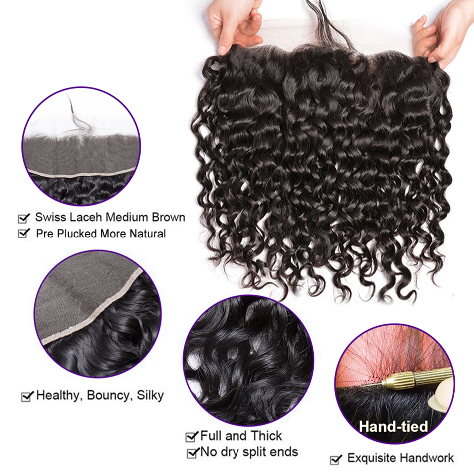 12A Brazilian Virgin Human Hair Kinky Curly Ocean Water Wave Frontal Bundles With Lace Closure