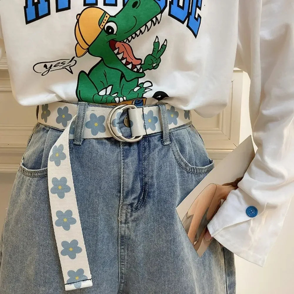 1 piece of blue canvas belt with double loop buckle Versatile nylon woven belt student fashion belt jeans belt 240929