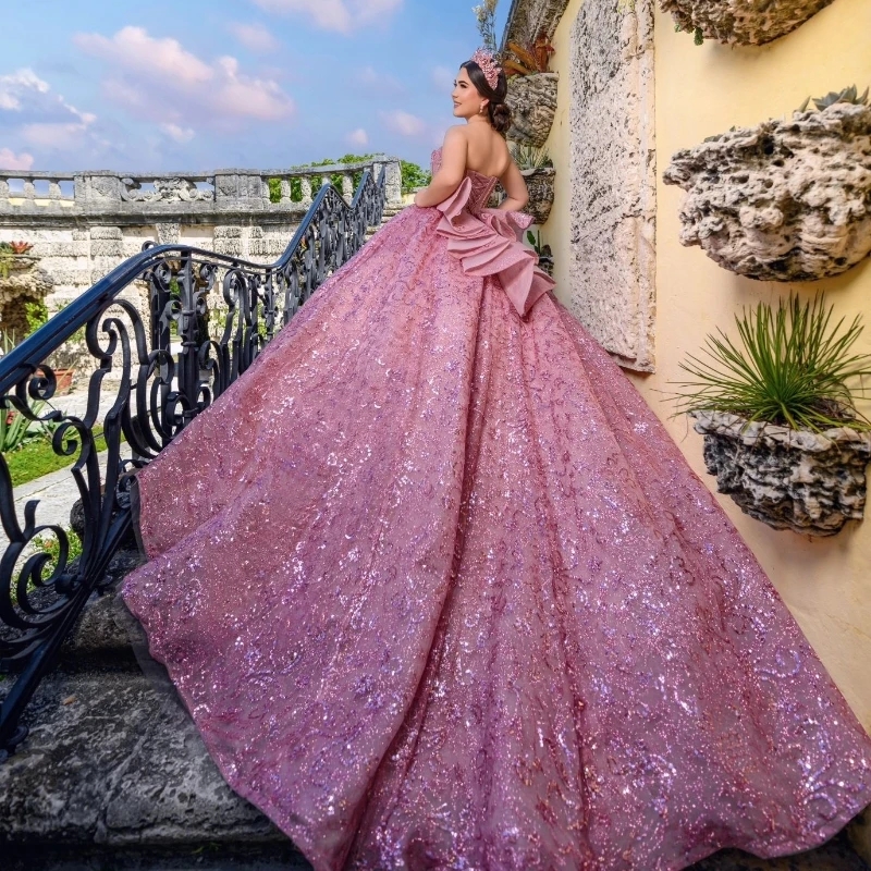 Pink Sweetheart Quinceanera Dresses Ball Gown Off The Shoulder Tulle Sequin Lace Beads Crystal Puffy Mexican Sweet 16 Dress Vestido De 15 Anos