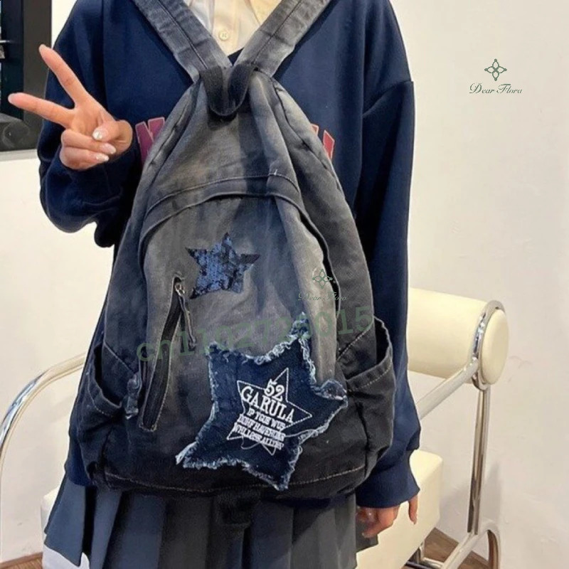 2025 NEW Y2K Korean Casual Denim Backpack Fashion Star Pattern Large Capacity Student Schoolbag Vintage Punk Travel Book Bag 240921 zhanyishengli