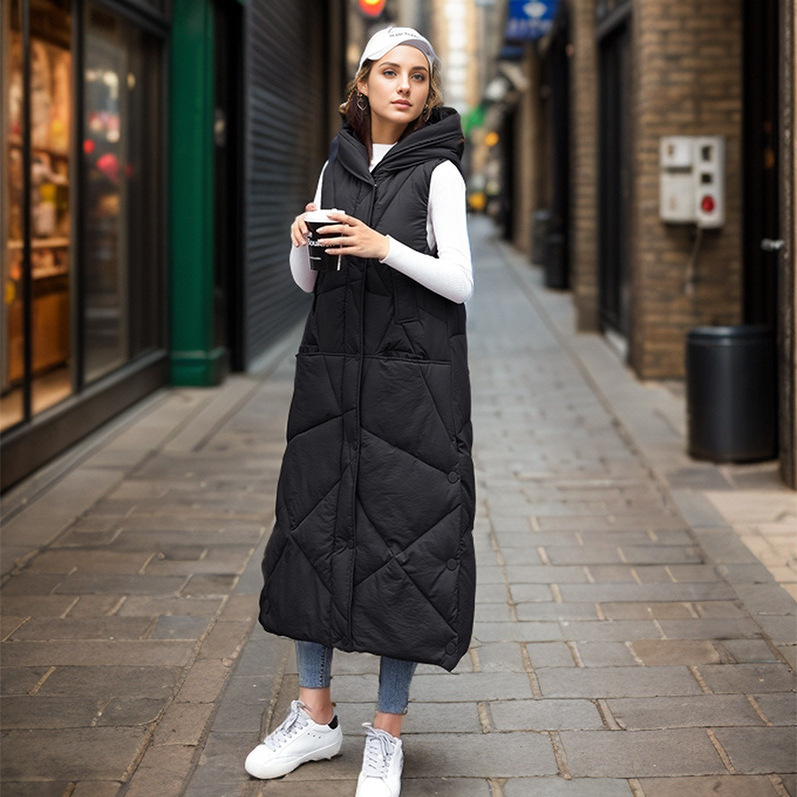 Puffer Vest Down Cotton Vest Womens Mid Length Autumn and Winter New Version Long Thick Vest Jacket Trendy Over the Knee Vest