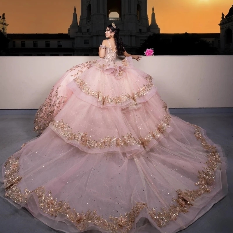 Quinceanera Pink Dresses Ball Gown Off The Shoulder Sequins Applique Lace Beaded Crystals Tull Mexico Sweet Dress Vestidos Anos D
