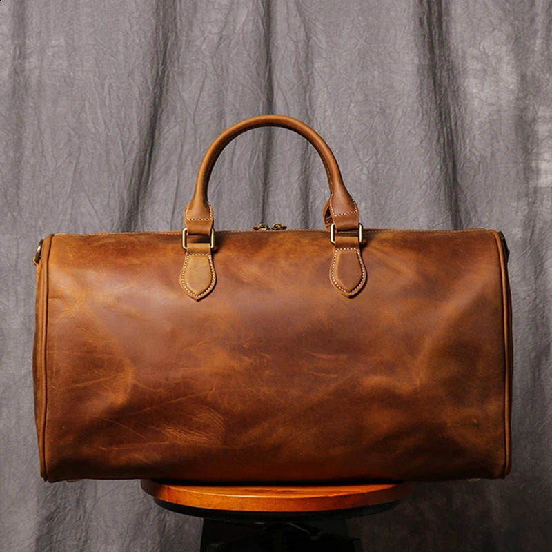 Leathfocus Mens Cowboy Travel Bag Womens Weekend Handbag Large Capacity Retro Luggage Bag Crazy Horse Leather Notebook Bag 240927