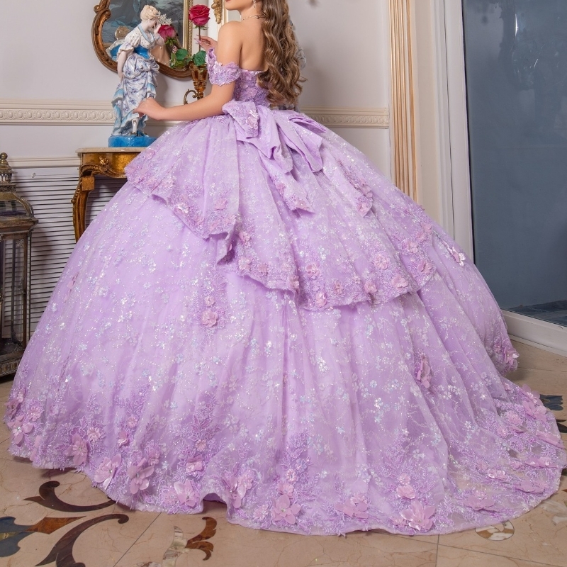 Lilac Sweet 16 Dress Quinceanera Dresses Off Shoulder Sequin Applique Lace Beads Crystal Bow Tull Vestidos De 15 Anos Ball Gowns