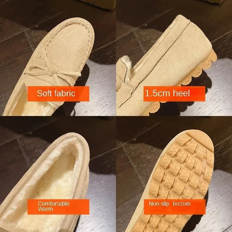 Fashion bow winter womens Moccasins Flats non slip flat shoes womens warm slippers comfortable cotton shoes Zapatos De Mujer 241008